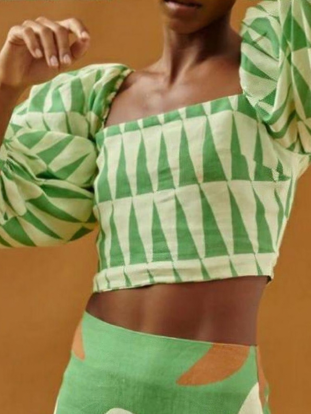 Anthropologie Linen Blend Maison d' Amelie  Geometric Puff-Sleeve Crop Top Med